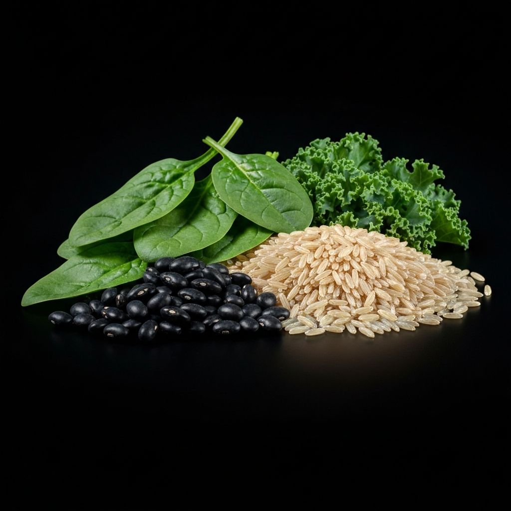Brown rice, beans and leafy greens as mineral sources